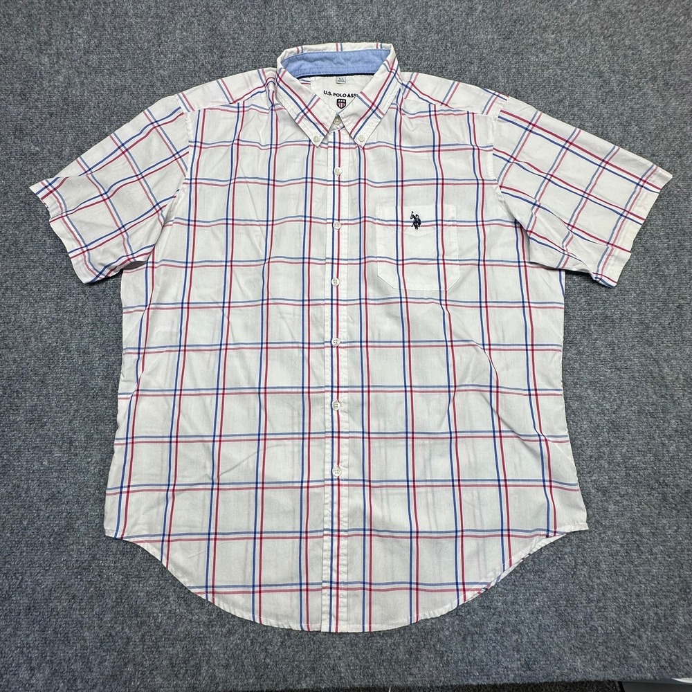 U.S. Polo Assn. Plaid Button‎ Down Shirt XL White Red Blue Short Sleeve